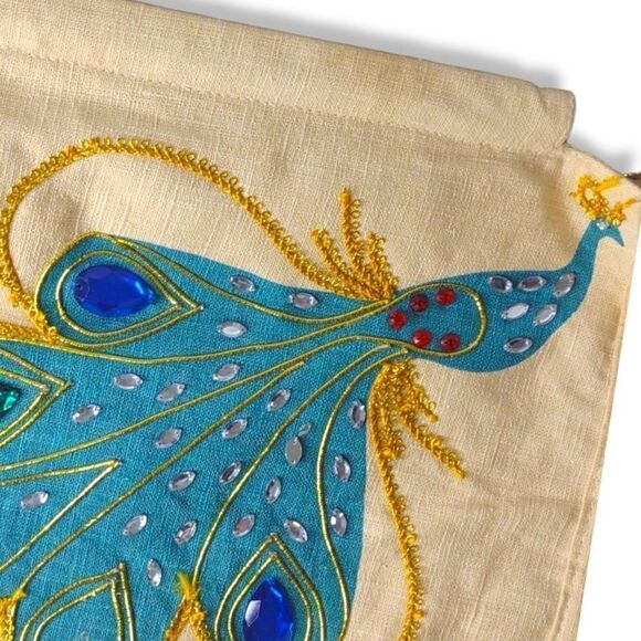 Vintage Cream Blue Handbag Cotton Jeweled Peacock Brown Wooden Handle Lined - Picture 4 of 8